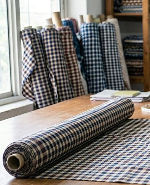Fabric rolls and tailoring tools on a wooden table in a textile workshop.